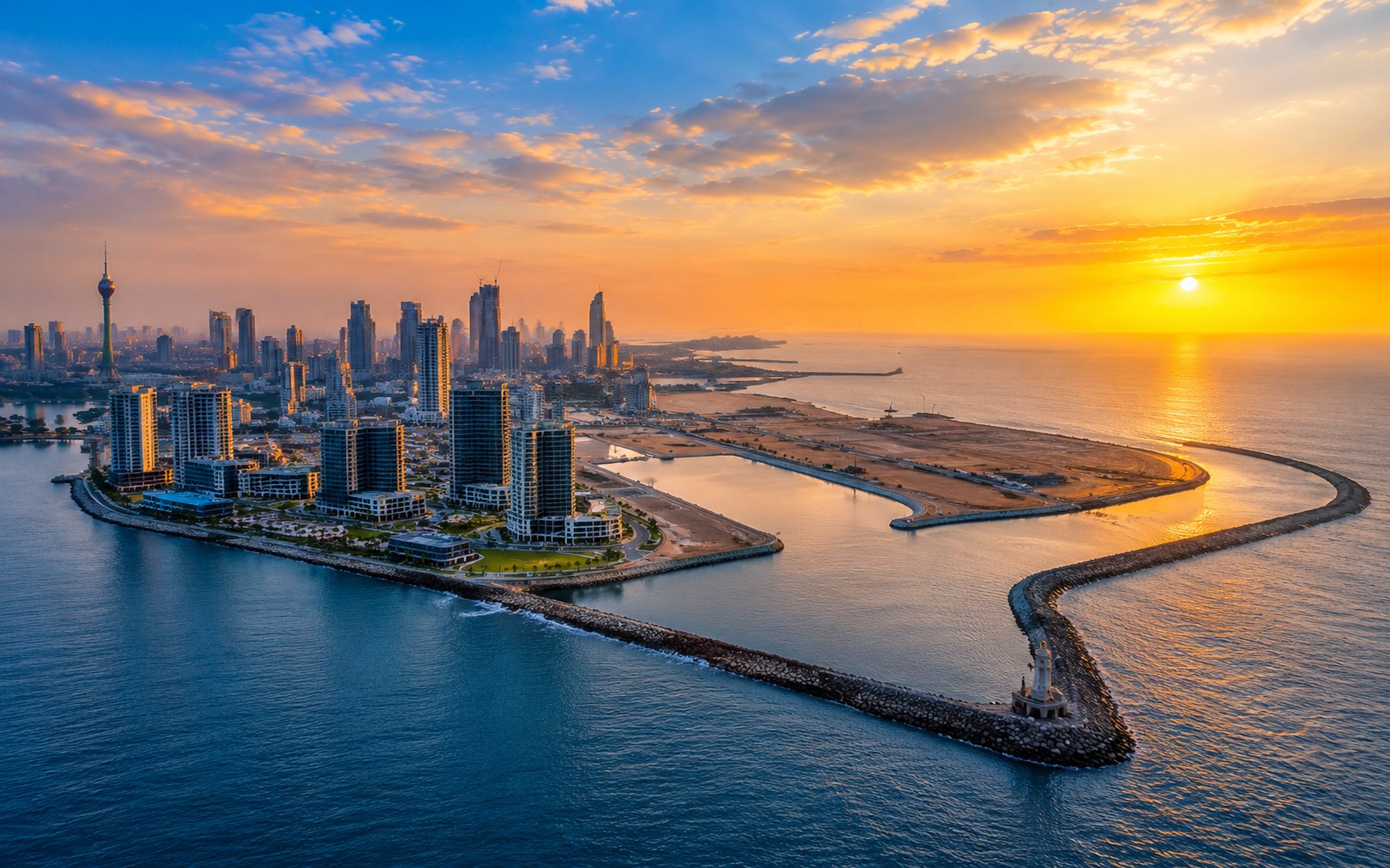 Aerial view of Colombo Port City and harbour breakwaters at golden hour
