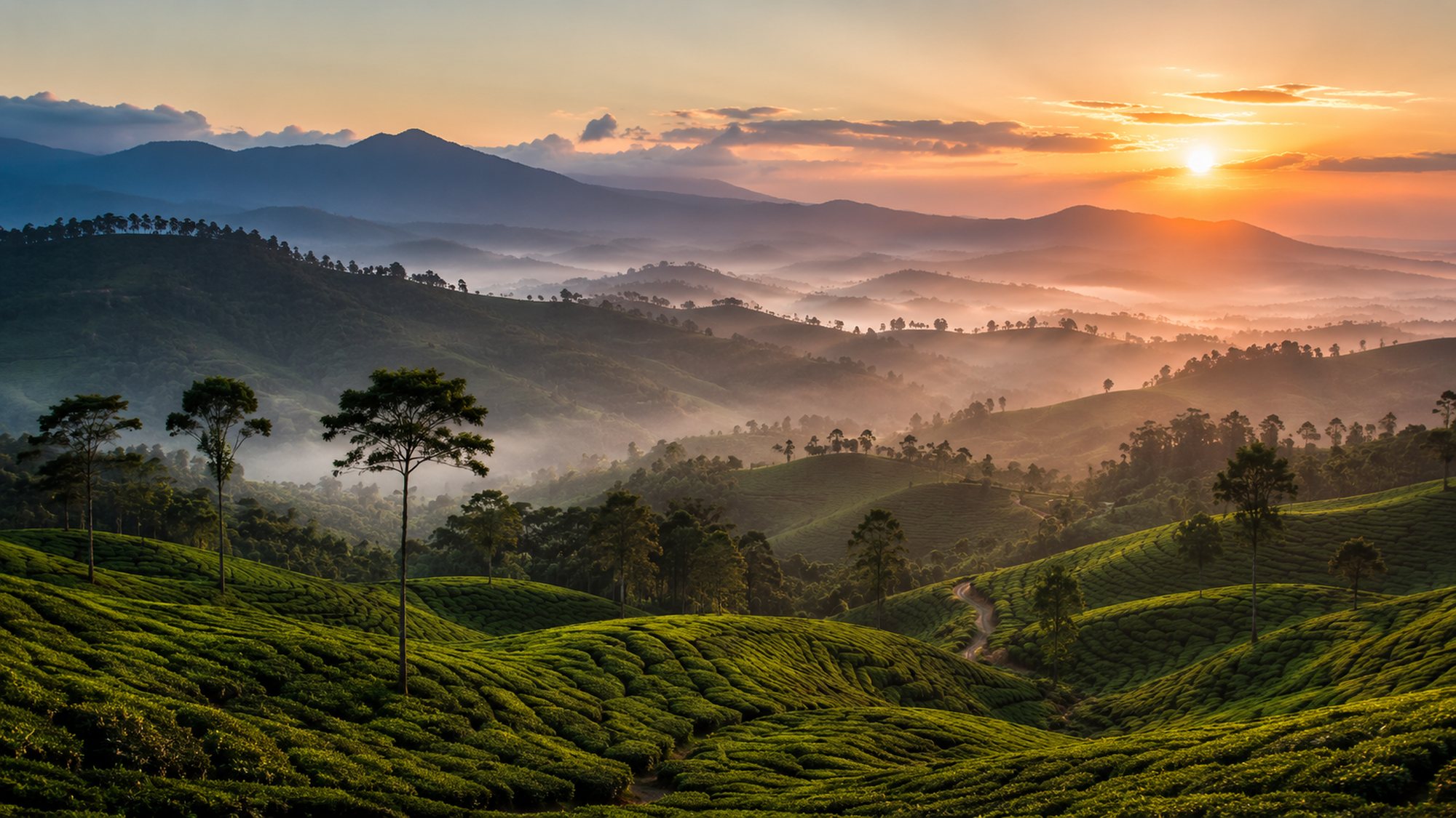 Tea plantations rolling through misty Sri Lankan hill country at sunrise
