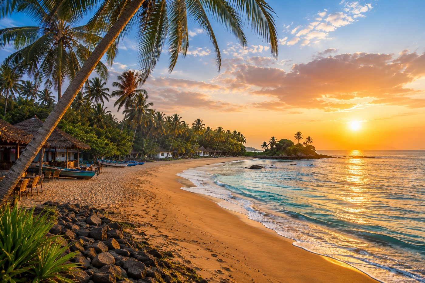 Sri Lankan beach cove at sunset with palm trees and fishing boats resting on the sand