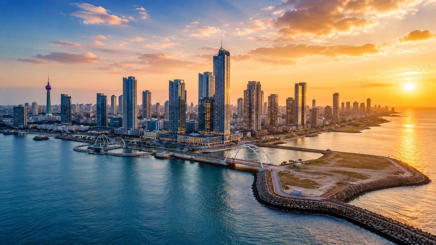 Colombo waterfront skyline with modern towers at golden hour