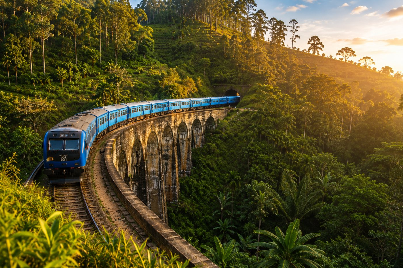 Blue train crossing the Nine Arches Bridge