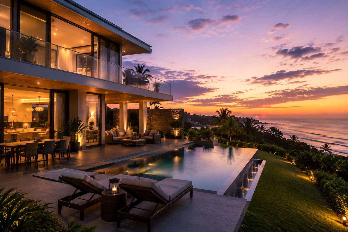 Modern tropical villa at dusk on the Sri Lankan coast