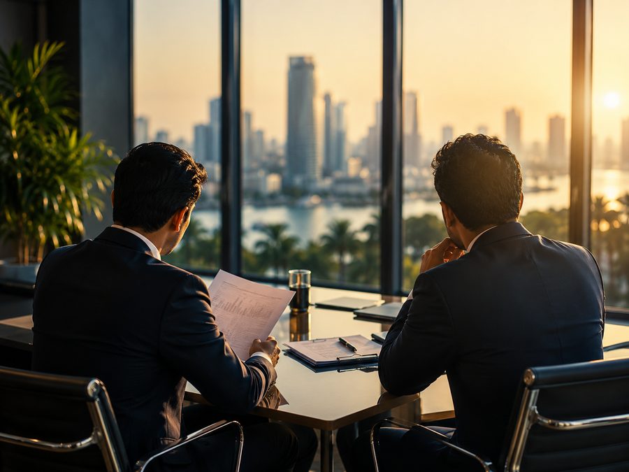 Two professionals seen from behind reviewing documents in an office overlooking a tropical city