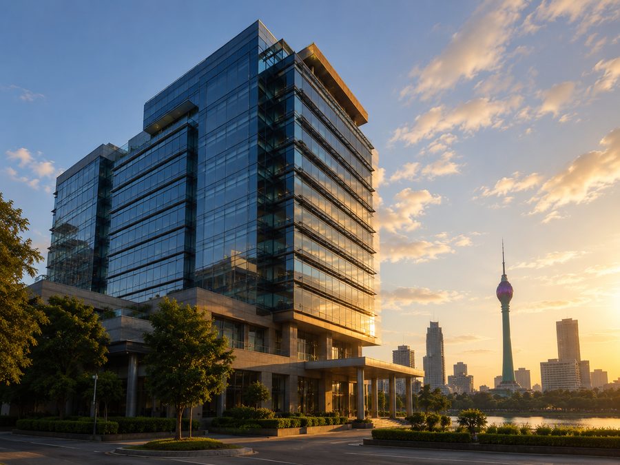 Modern glass bank building in Colombo at golden hour with the Lotus Tower in the background