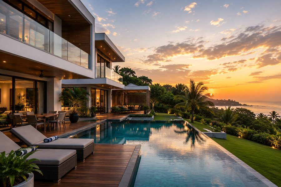Luxury tropical villa with infinity pool and palm trees at dusk