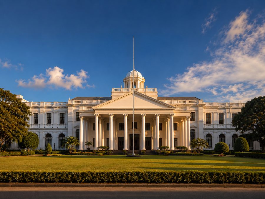 White colonial-era government building in Colombo with columns and a green lawn